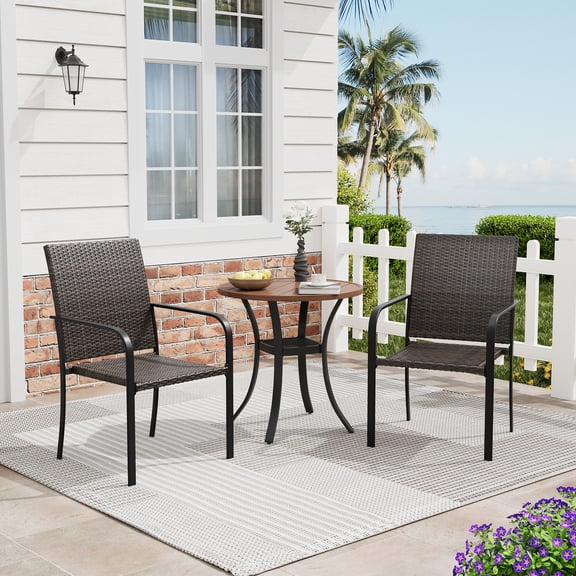 DIFY 3PCS Outdoor Dining Set, 27.6" Round Dining Table and 2 Rattan Wicker Chairs, Walnut