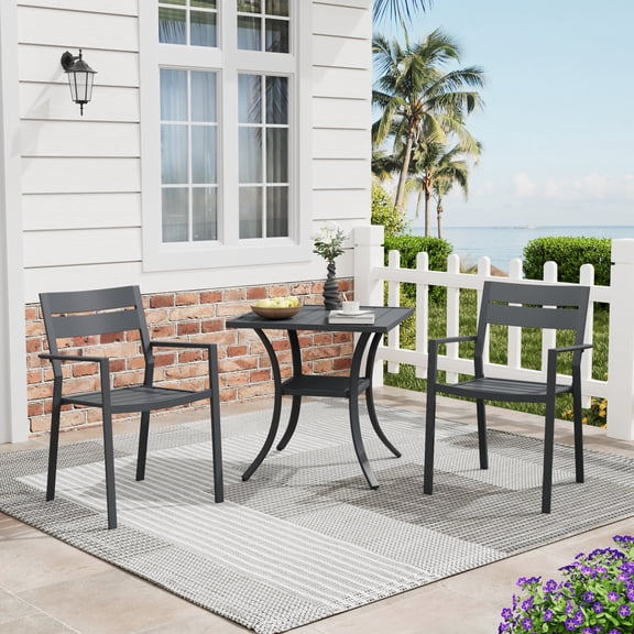 DIFY 3PCS Outdoor Dining Set, 27" Square Dining Table and 2 Stackable Metal Chairs, Grey
