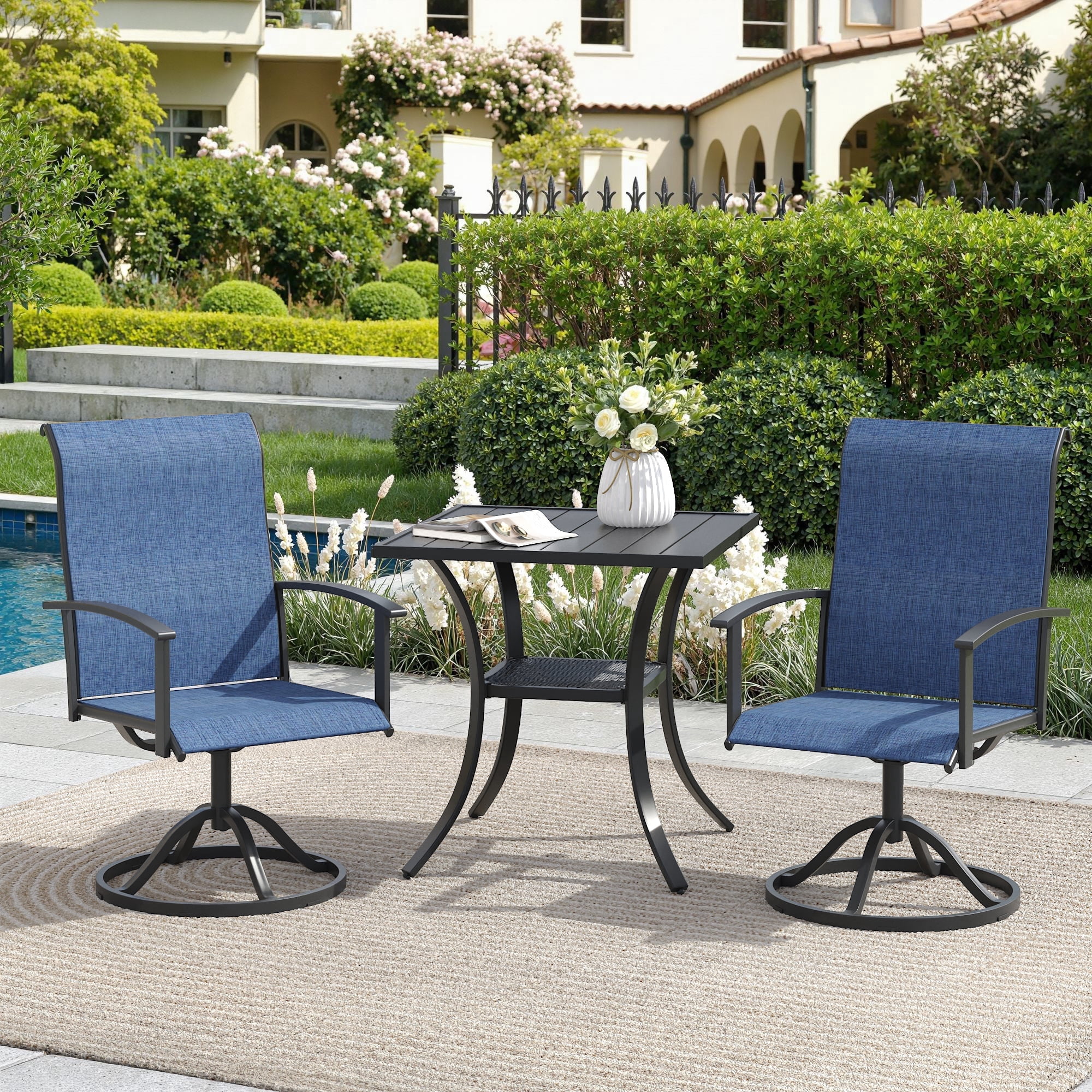 DIFY 3PCS Patio Dining Furniture Set, 28" Square Slatted Table and 2 Swivel Textilene Chairs