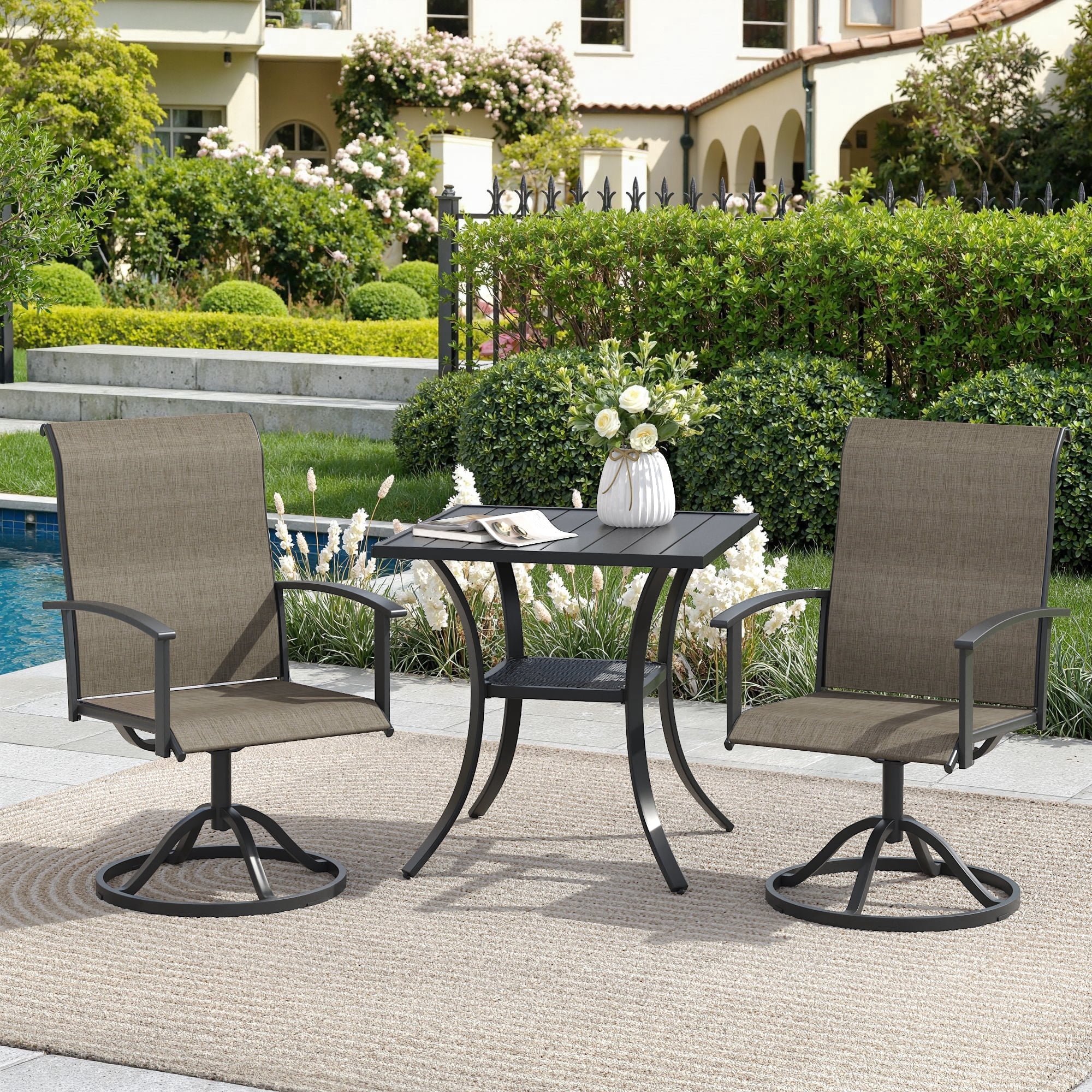 DIFY 3PCS Patio Dining Furniture Set, 28" Square Slatted Table and 2 Swivel Textilene Chairs