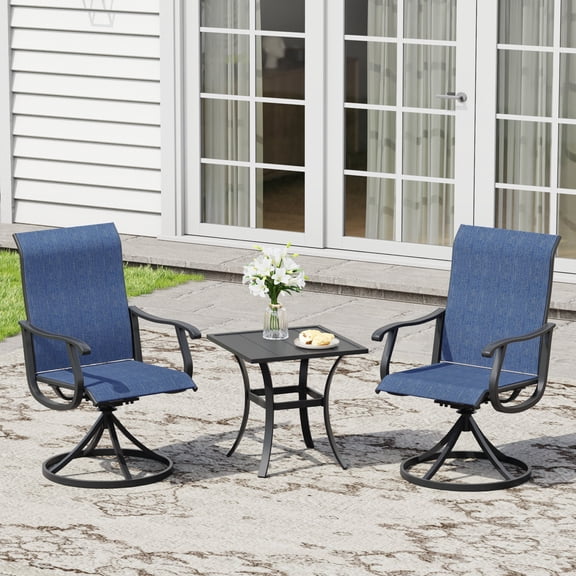 DIFY 3PCS Small Patio Dining Set,18" Square Metal Table and 2 Swivel Chairs,Black&Blue