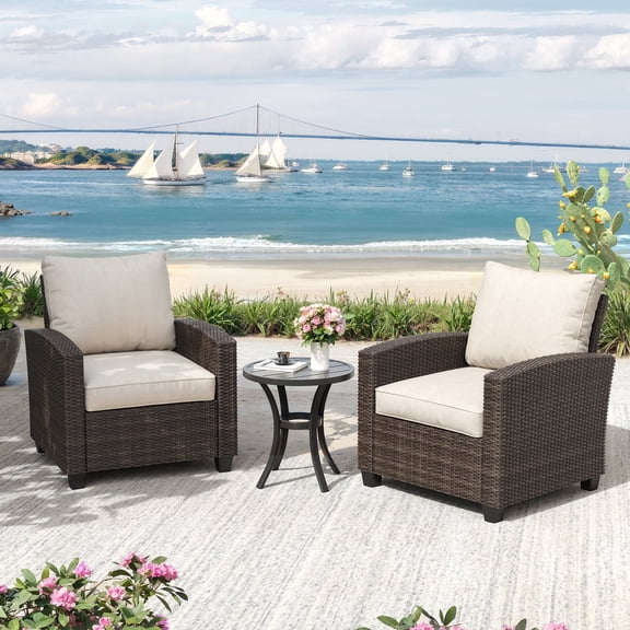 DIFY 3PCS Wicker Outdoor Furniture Set, PE Rattan Patio Conversation Set with 2 Cushioned Single Chairs and Round Metal Side Table,Beige