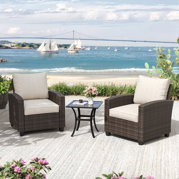 DIFY 3PCS Wicker Outdoor Furniture Set, PE Rattan Patio Conversation Set with 2 Cushioned Single Chairs and Square Metal Side Table,Beige
