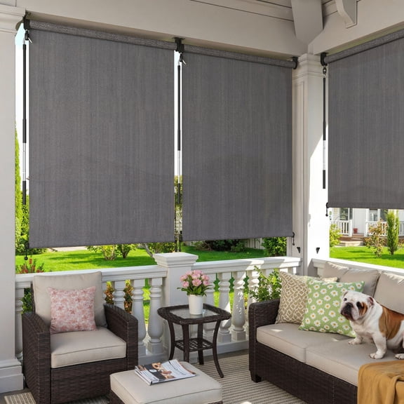 DIFY 4' x 6' Outdoor Roller Shade, Cordless Patio Blinds for Porch Pergola Balcony Deck Windows, Grey