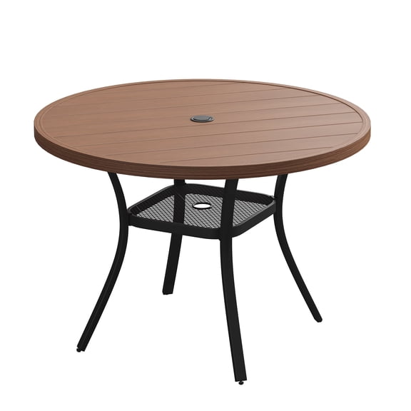 DIFY 40" Round Metal Patio Dining Table for 4, with Storage Shelf & Umbrella Hole, Walnut