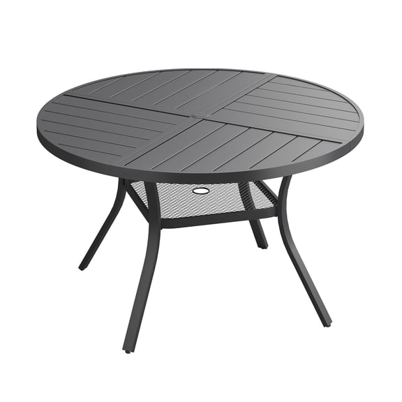 DIFY 40.6" Round Metal Patio Dining Table for 4, Outdoor Table with Umbrella Hole & Shelf, Black