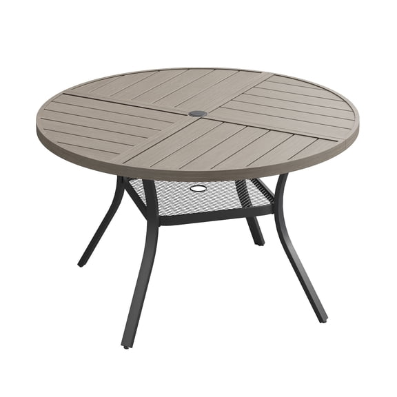 DIFY 40.6" Round Metal Patio Dining Table for 4, Outdoor Table with Umbrella Hole & Shelf,Graywood
