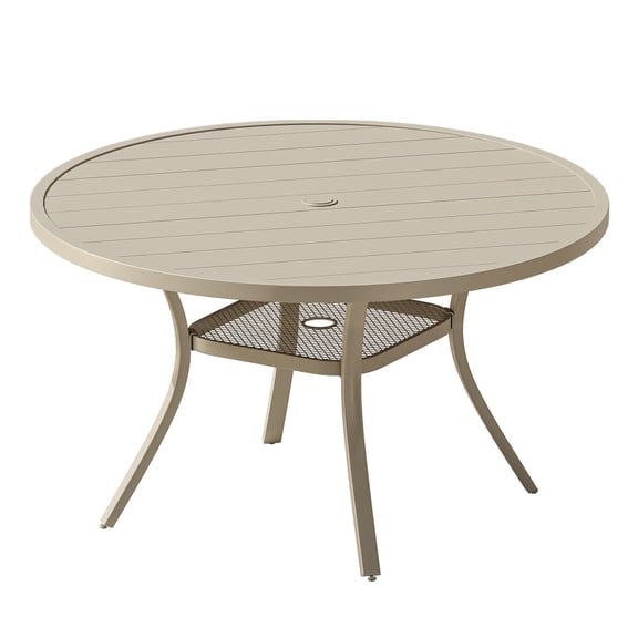 DIFY 47" Round Metal Patio Dining Table for 4-6, with Storage Shelf & Umbrella Hole, Sand