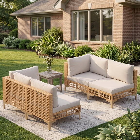 DIFY 4PCS Rattan Outdoor Conversation Set, 2 Armless Sofas& 2 Corner Sofas, Wheat
