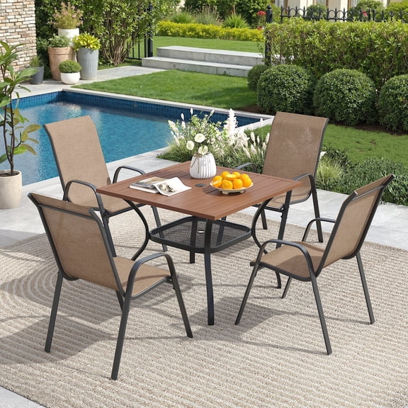DIFY 5-Piece Patio Dining Set for 4, 37.8" Metal Square Table with 4 Stackable Chairs, Walnut&Brown