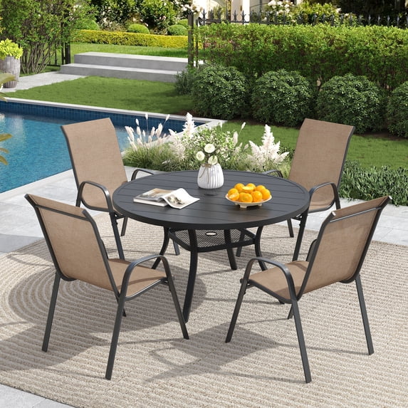 DIFY 5-Piece Patio Dining Set for 4, 40.6" Metal Round Table with 4 Stackable Chairs, Black&Brown