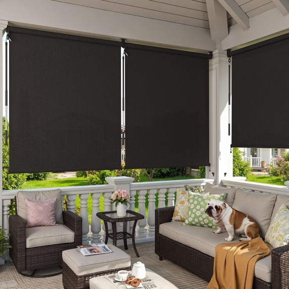 DIFY 5' x 6' Outdoor Roller Shade, Cordless Patio Blinds for Porch Pergola Balcony Deck Windows, Black