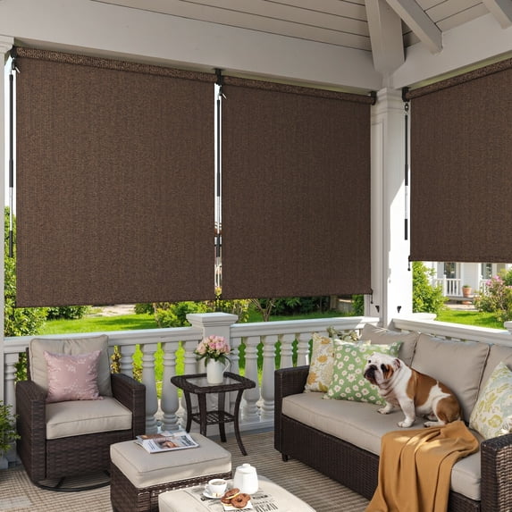 DIFY 5' x 6' Outdoor Roller Shade, Cordless Patio Blinds for Porch Pergola Balcony Deck Windows, Chocolate