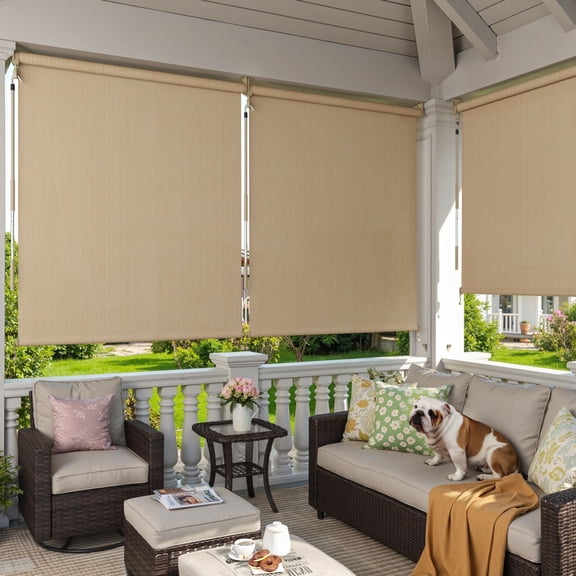 DIFY 5' x 6' Outdoor Roller Shade, Cordless Patio Blinds for Porch Pergola Balcony Deck Windows, Wheat