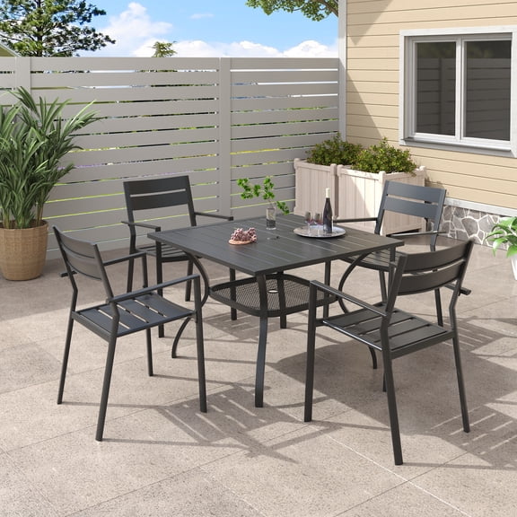 DIFY 5PCS Outdoor Dining Set, 38" Square Dining Table and 4 Stackable Metal Chairs, Black