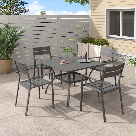 DIFY 5PCS Outdoor Dining Set, 38" Square Dining Table and 4 Stackable Metal Chairs, Grey