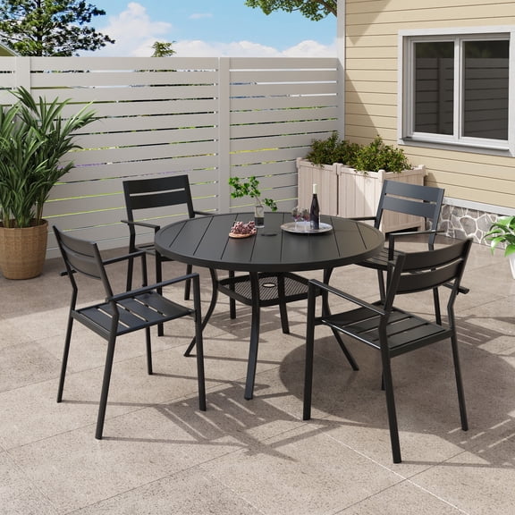 DIFY 5PCS Outdoor Dining Set, 40.6" Round Dining Table and 4 Stackable Metal Chairs, Black