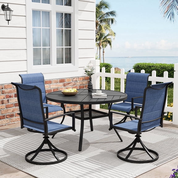 DIFY 5PCS Outdoor Dining Set, 41" Round Dining Table and 4 Swivel Chairs, Black/Dark Blue