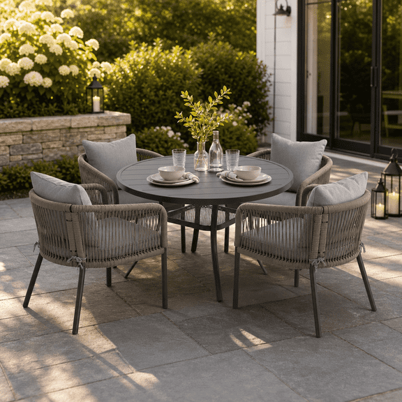 DIFY 5PCS Outdoor Patio Dining Set 40.6" Round Table and 4 Rattan Chairs, Balck Table