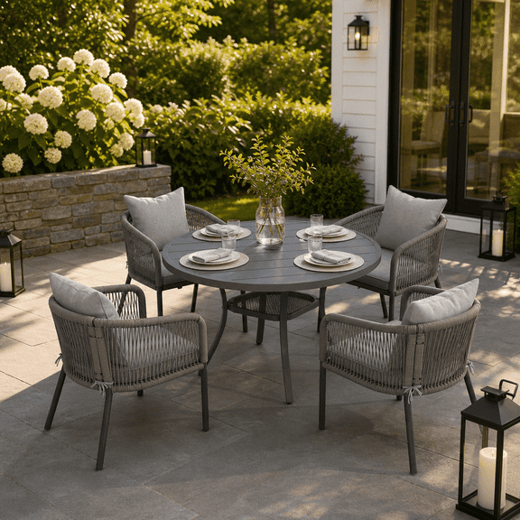 DIFY 5PCS Outdoor Patio Dining Set 40.6" Round Table and 4 Rattan Chairs, Dark Gray Table