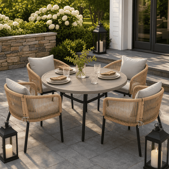 DIFY 5PCS Outdoor Patio Dining Set 40.6" Round Table and 4 Rattan Chairs, Graywood Table
