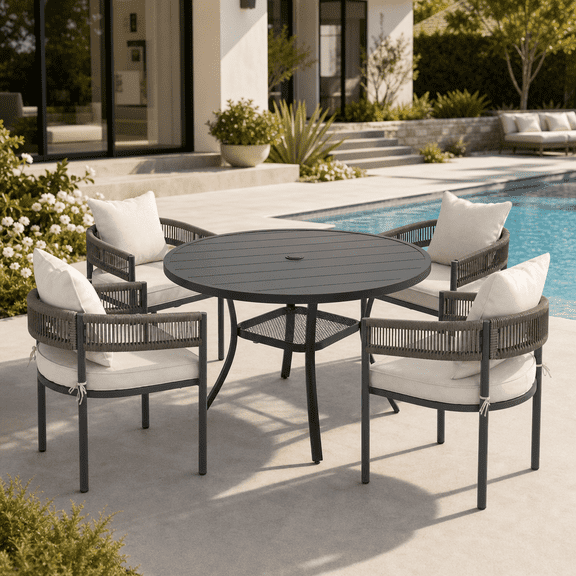 DIFY 5PCS Outdoor Patio Dining Set 41" Round Table and 4 Rattan Chairs, Balck&Wheat