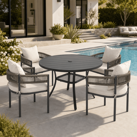 DIFY 5PCS Outdoor Patio Dining Set 41" Round Table and 4 Rattan Chairs, Balck&Wheat