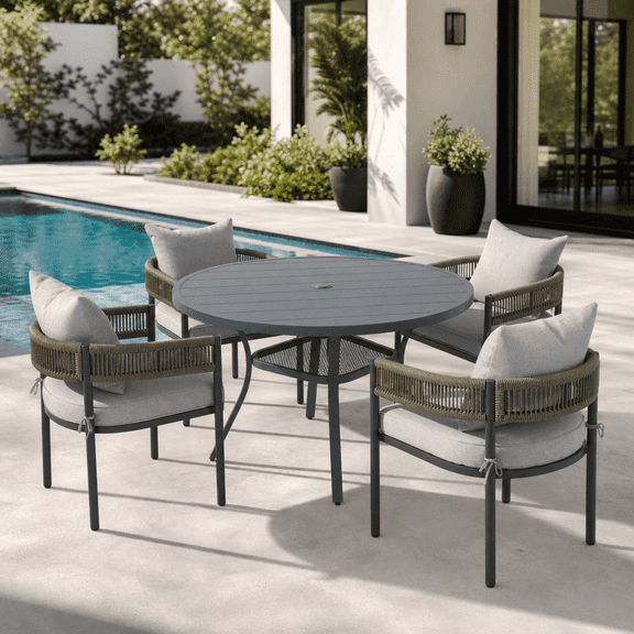 DIFY 5PCS Outdoor Patio Dining Set 41" Round Table and 4 Rattan Chairs, Gray