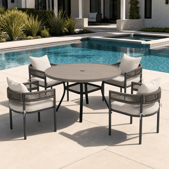 DIFY 5PCS Outdoor Patio Dining Set 47" Round Table and 4 Rattan Chairs, Graywood&Wheat