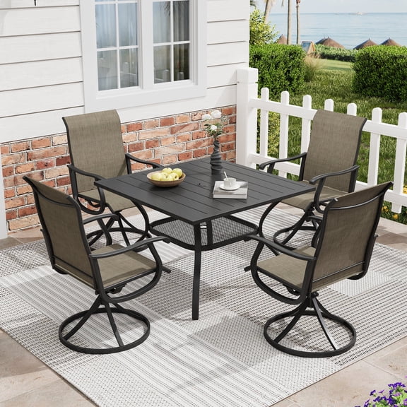 DIFY 5PCS Patio Dining Furniture Set,38" Square Metal Table and 4 Swivel Chairs,Black&Brown