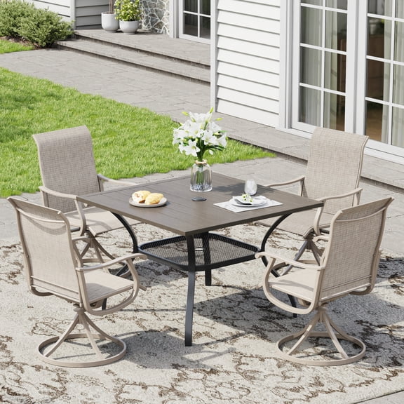 DIFY 5PCS Patio Dining Furniture Set,38" Square Metal Table and 4 Swivel Chairs,Graywood&Sand