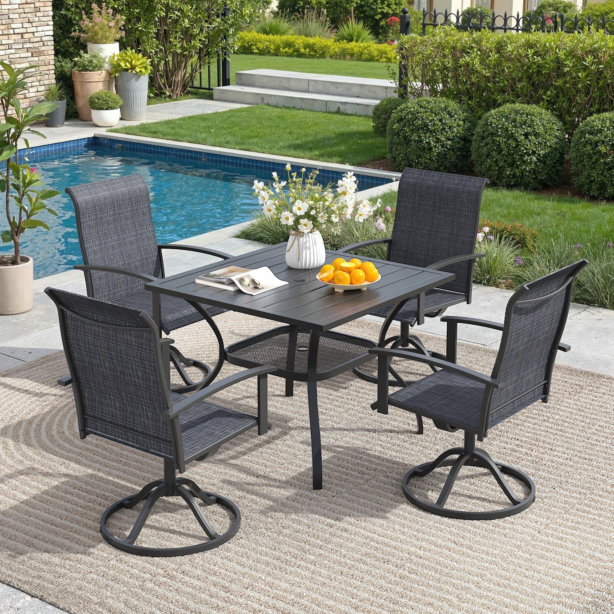 DIFY 5PCS Patio Dining Furniture Set, 38" Square Slatted Table and 4 Swivel Textilene Chairs