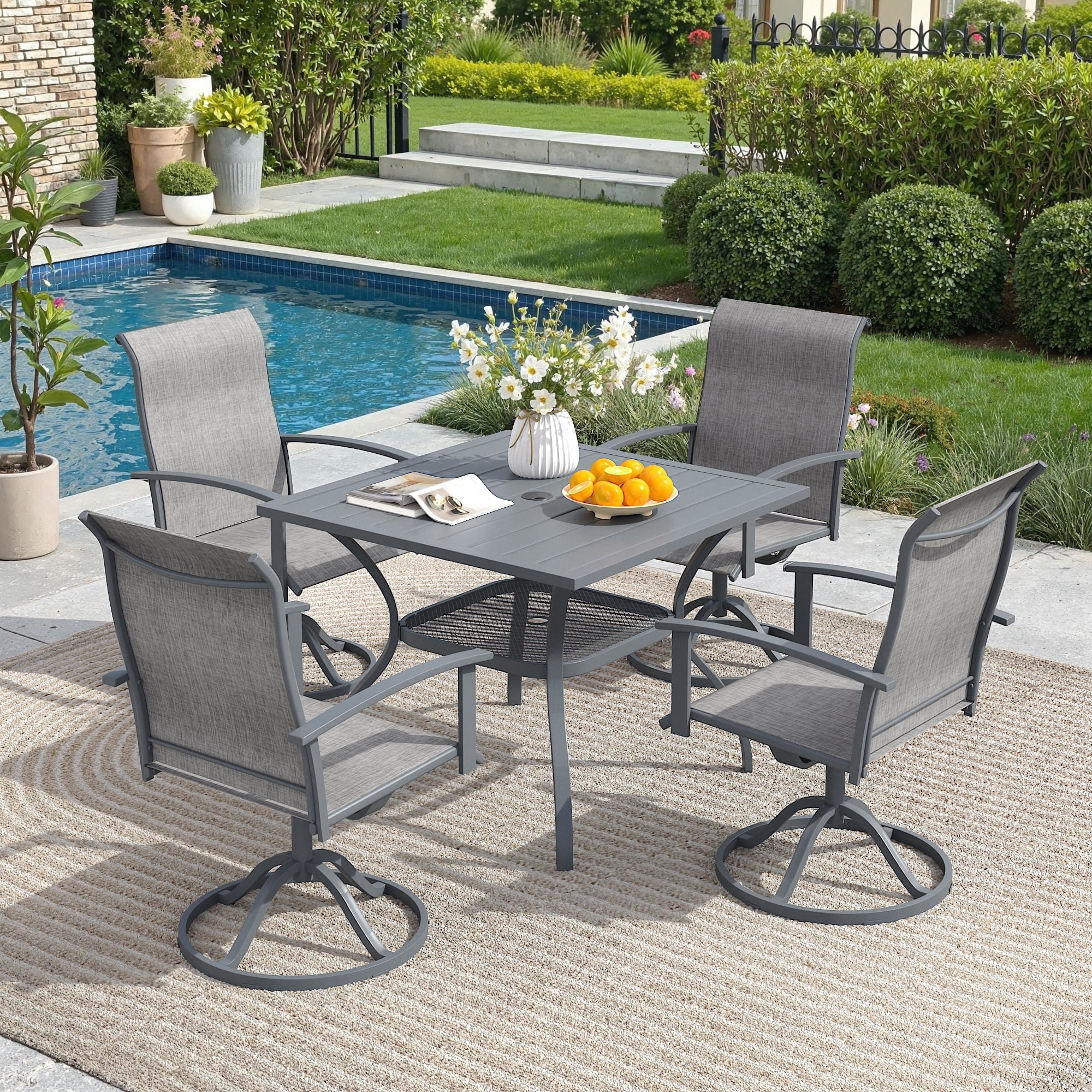 DIFY 5PCS Patio Dining Furniture Set, 38" Square Slatted Table and 4 Swivel Textilene Chairs