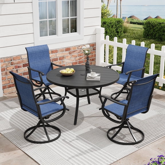 DIFY 5PCS Patio Dining Furniture Set, 41" Round Slatted Table and 4 Swivel Chairs, Black&Blue