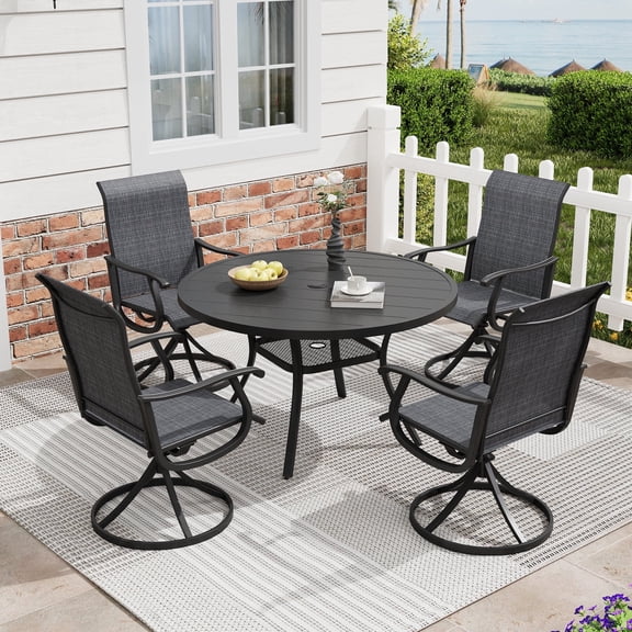 DIFY 5PCS Patio Dining Furniture Set, 41" Round Slatted Table and 4 Swivel Chairs, Balck