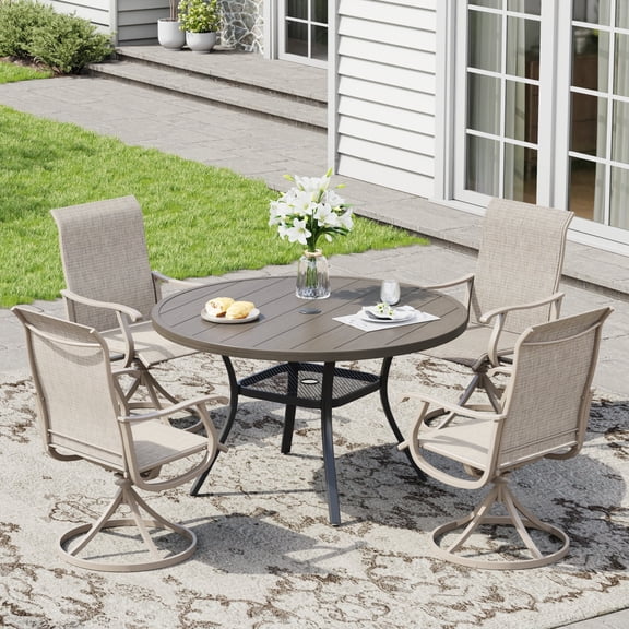 DIFY 5PCS Patio Dining Furniture Set, 41" Round Slatted Table and 4 Swivel Chairs, Grey&Sand