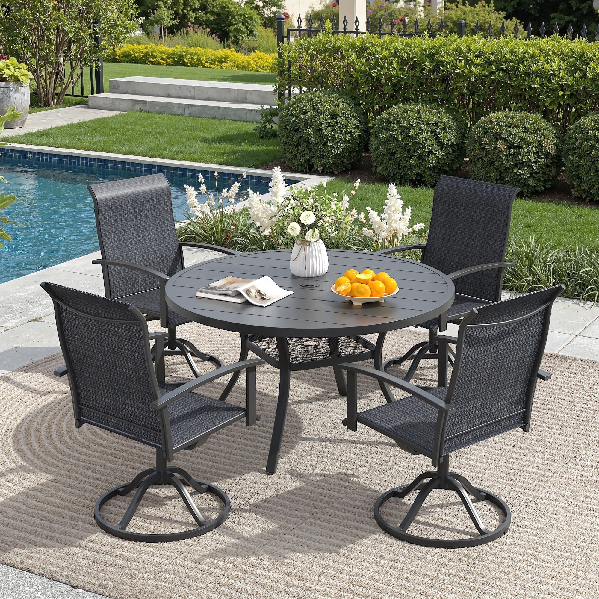 DIFY 5PCS Patio Dining Furniture Set, 41" Round Slatted Table and 4 Swivel Textilene Chairs
