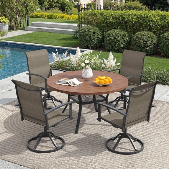 DIFY 5PCS Patio Dining Furniture Set, 41" Round Slatted Table and 4 Swivel Textilene Chairs