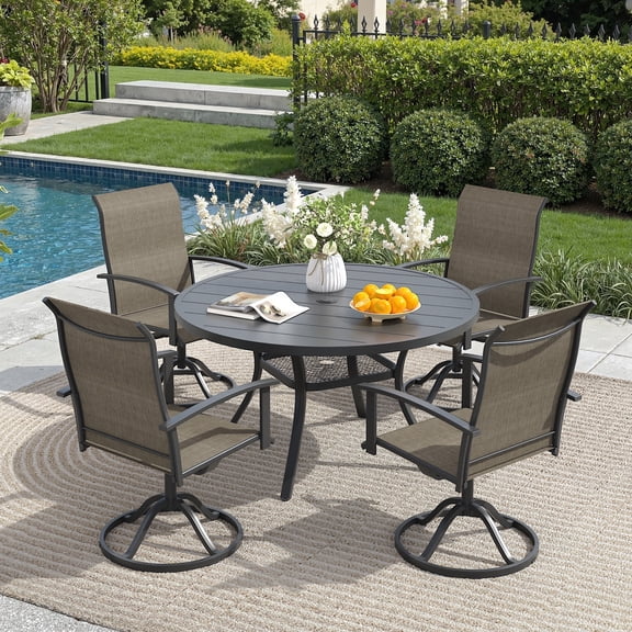 DIFY 5PCS Patio Dining Furniture Set, 41" Round Slatted Table and 4 Swivel Textilene Chairs