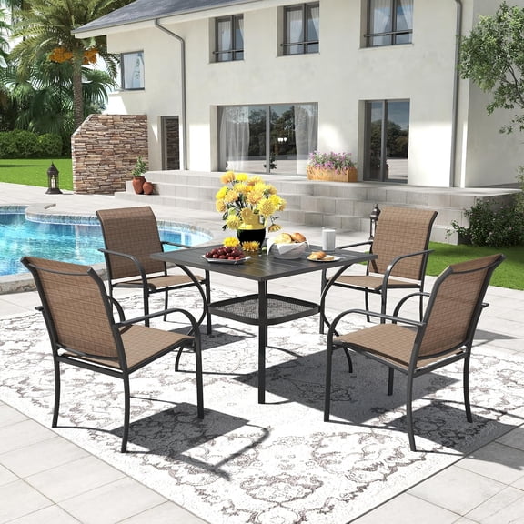 DIFY 5PCS Patio Dining Set,37" Square Metal Table with Umbrella Hole,4 Stackable Chairs,Black&Brown
