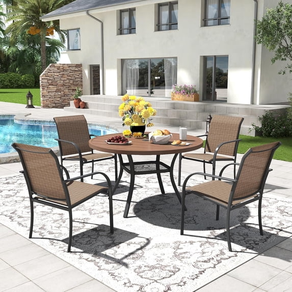 DIFY 5PCS Patio Dining Set,41" Round Metal Table with Umbrella Hole,4 Stackable Chairs,Brown