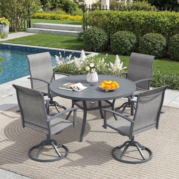 DIFY 5PCS Patio Dining Set, 41" Round Slatted Table and 4 Swivel Textilene Chairs, Grey