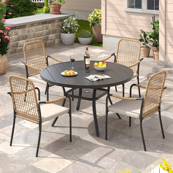 DIFY 5PCS Patio Furniture Set, 4 Stackable Wicker Chairs & 40.6" Metal Round Table for Garden, Lawn, Poolside, Wheat