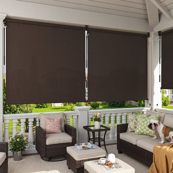 DIFY 6' x 6' Outdoor Roller Shade, Cordless Patio Blinds for Porch Pergola Balcony Deck Windows, Chocolate