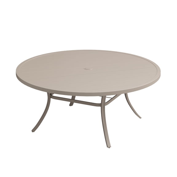 DIFY 63" Round Metal Patio Dining Table for 8-10, Outdoor Dining Table with Umbrella Hole, Sand