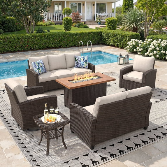 DIFY 6PCS Patio Furniture Set with 41.7” Fire Pit Table, PE Rattan Wicker Conversation Set, 3-Seat Sofa, Loveseat, 2 Swivel Chairs, Side Table, Beige