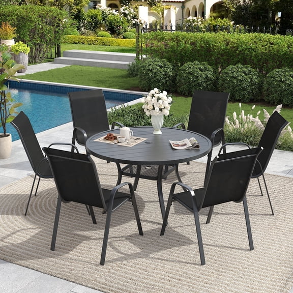 DIFY 7-Piece Patio Dining Set for 6, 48" Metal Round Table with 6 Stackable Chairs, Black&Black