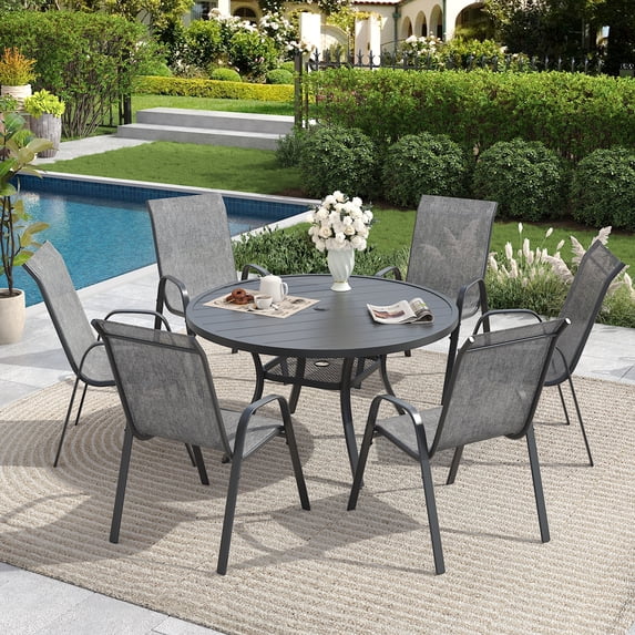 DIFY 7-Piece Patio Dining Set for 6, 48" Metal Round Table with 6 Stackable Chairs, Black&Gray