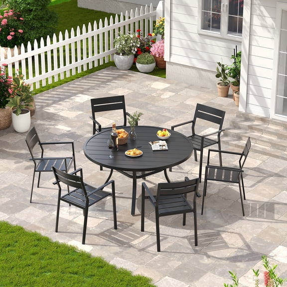 DIFY 7PCS Outdoor Dining Set, 47" Round Dining Table and 6 Stackable Metal Chairs, Black