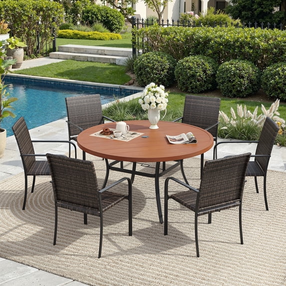 DIFY 7PCS Outdoor Dining Set, 50" Round Dining Table and 6 Rattan Wicker Chairs, Walnut
